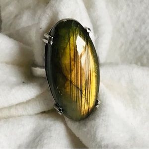 Labradorite Elongated Oval Ring in Stainless Steel